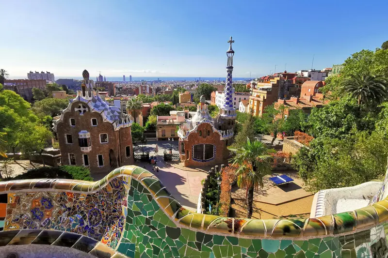 Mosaic terrace and city view at Park Güell in Barcelona