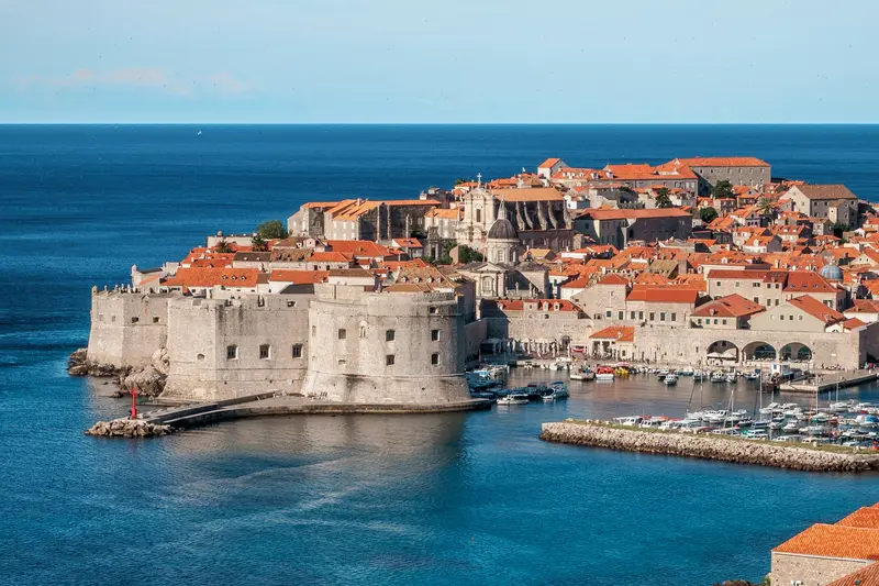 The walled old town of Dubrovnik and its harbour on the Adriatic