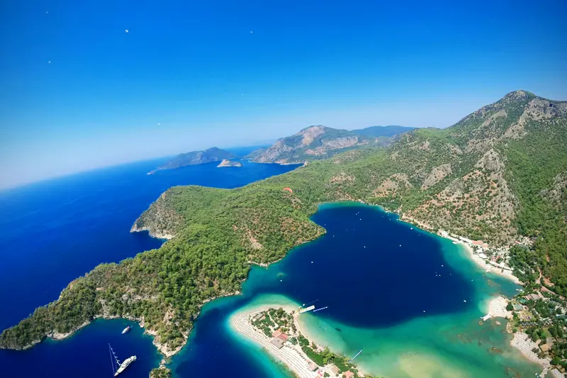 Aerial view of the blue lagoon and beach at Ölüdeniz