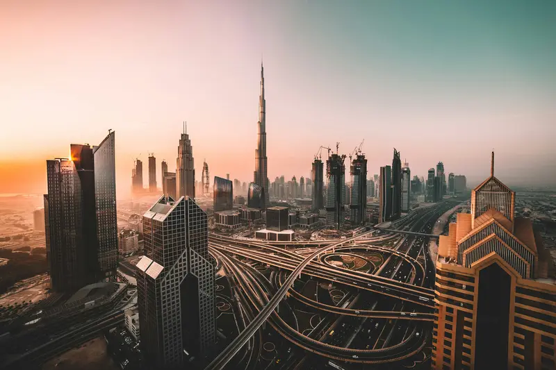 The Burj Khalifa and Dubai skyline at sunset