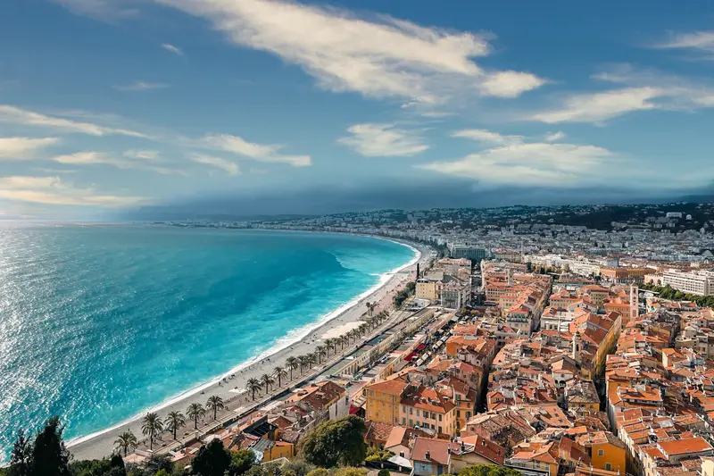 The Promenade des Anglais curving along the bay in Nice
