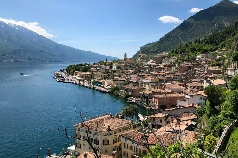 The lakeside town of Limone below steep mountains on Lake Garda