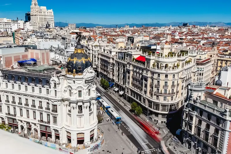 The domed Metropolis building and Gran Vía seen from above in Madrid