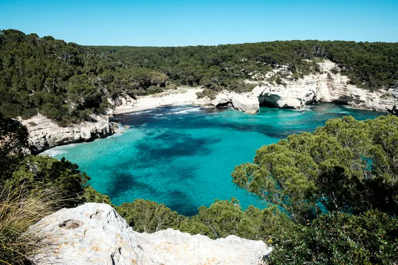 A turquoise cove between white rocks and pine trees in Menorca