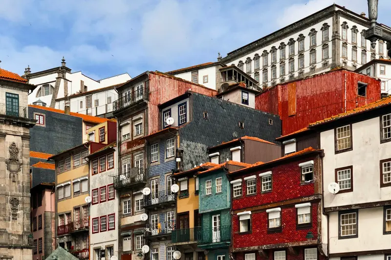 Colourful tiled houses in the old Ribeira district of Porto