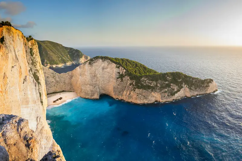 Navagio shipwreck beach below white cliffs in Zante