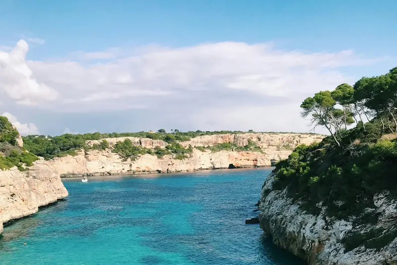 A turquoise cove surrounded by pine trees and rocks in Majorca